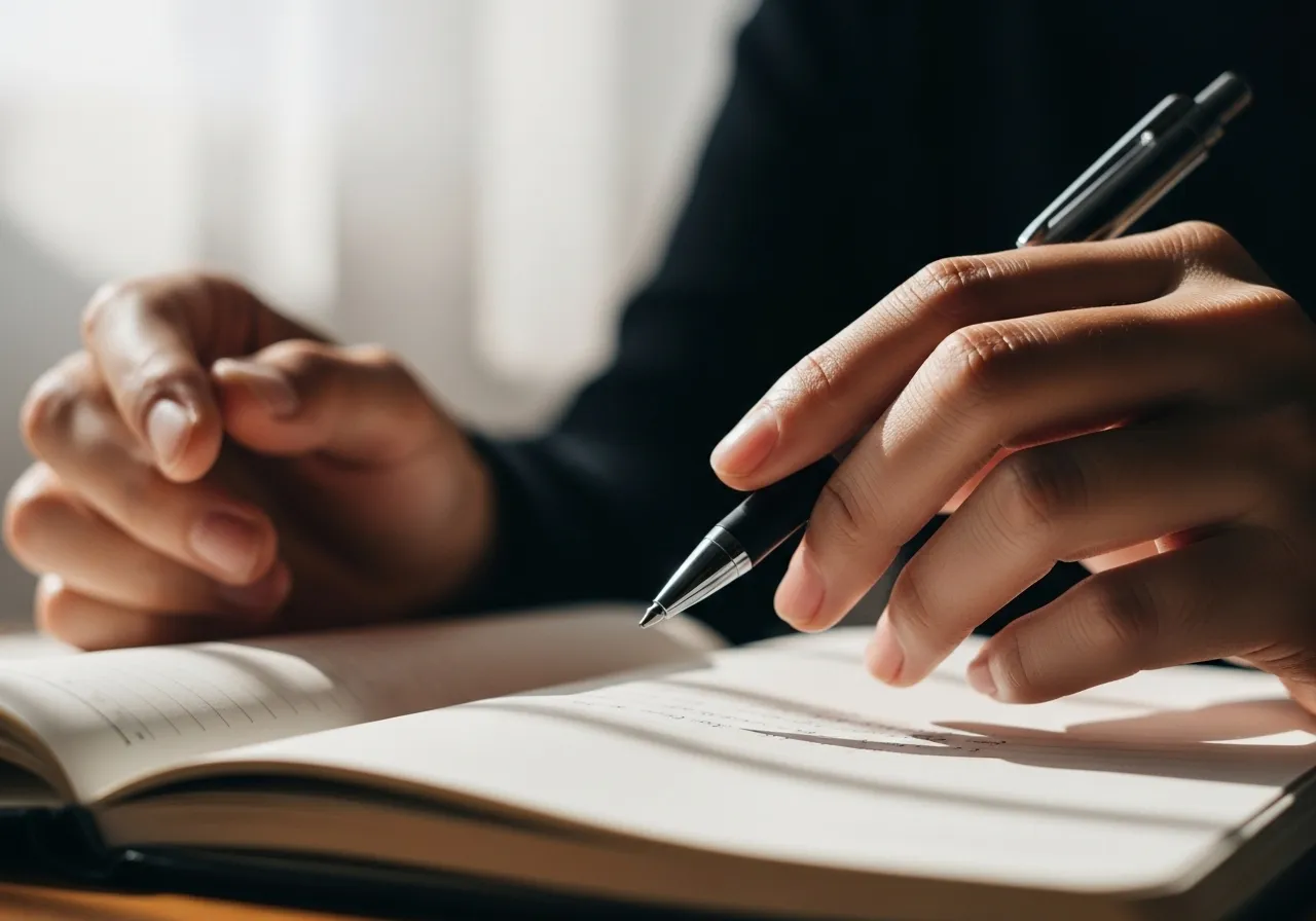 Hands writing, focus on pen.