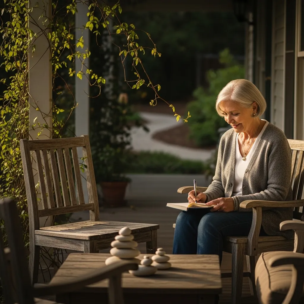Woman journaling on porch