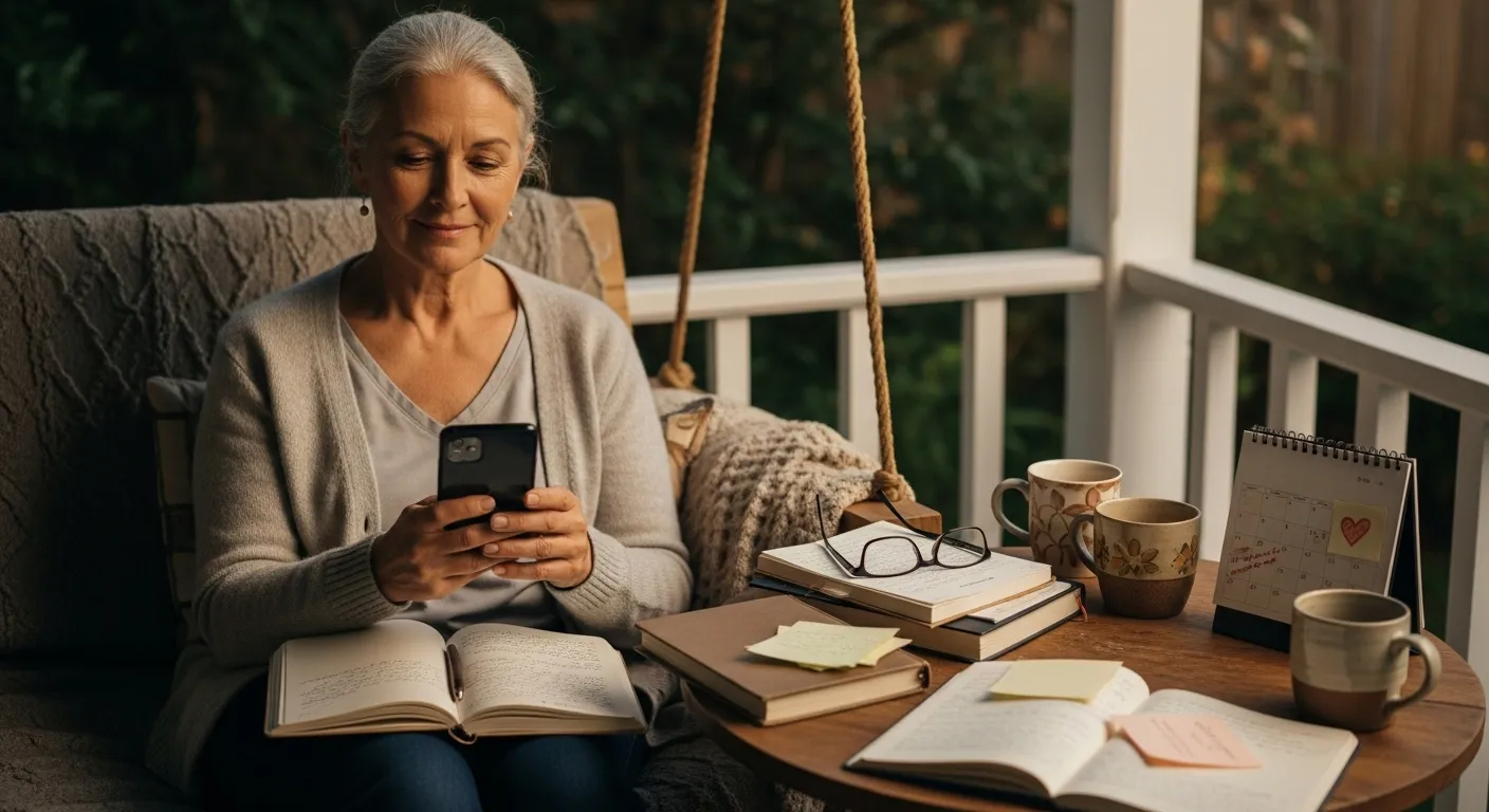 Woman sits on porch, looking at phone.