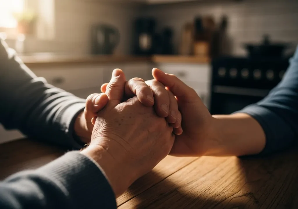 Two hands clasped together, showing support.