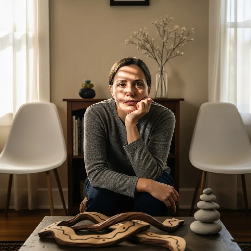 Person sitting alone with worried expression, reflecting at home.