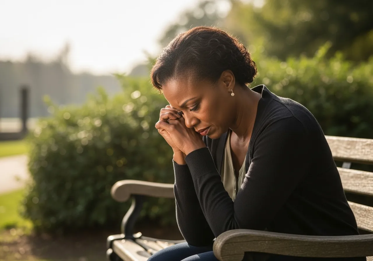 Woman sitting on park bench with head in hands