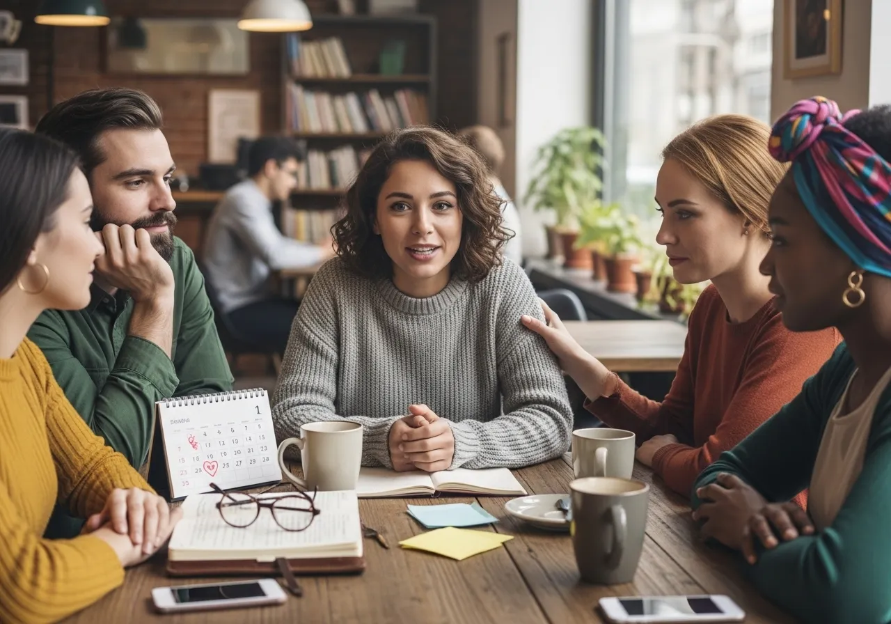 Diverse friends listening supportively in a cafe.