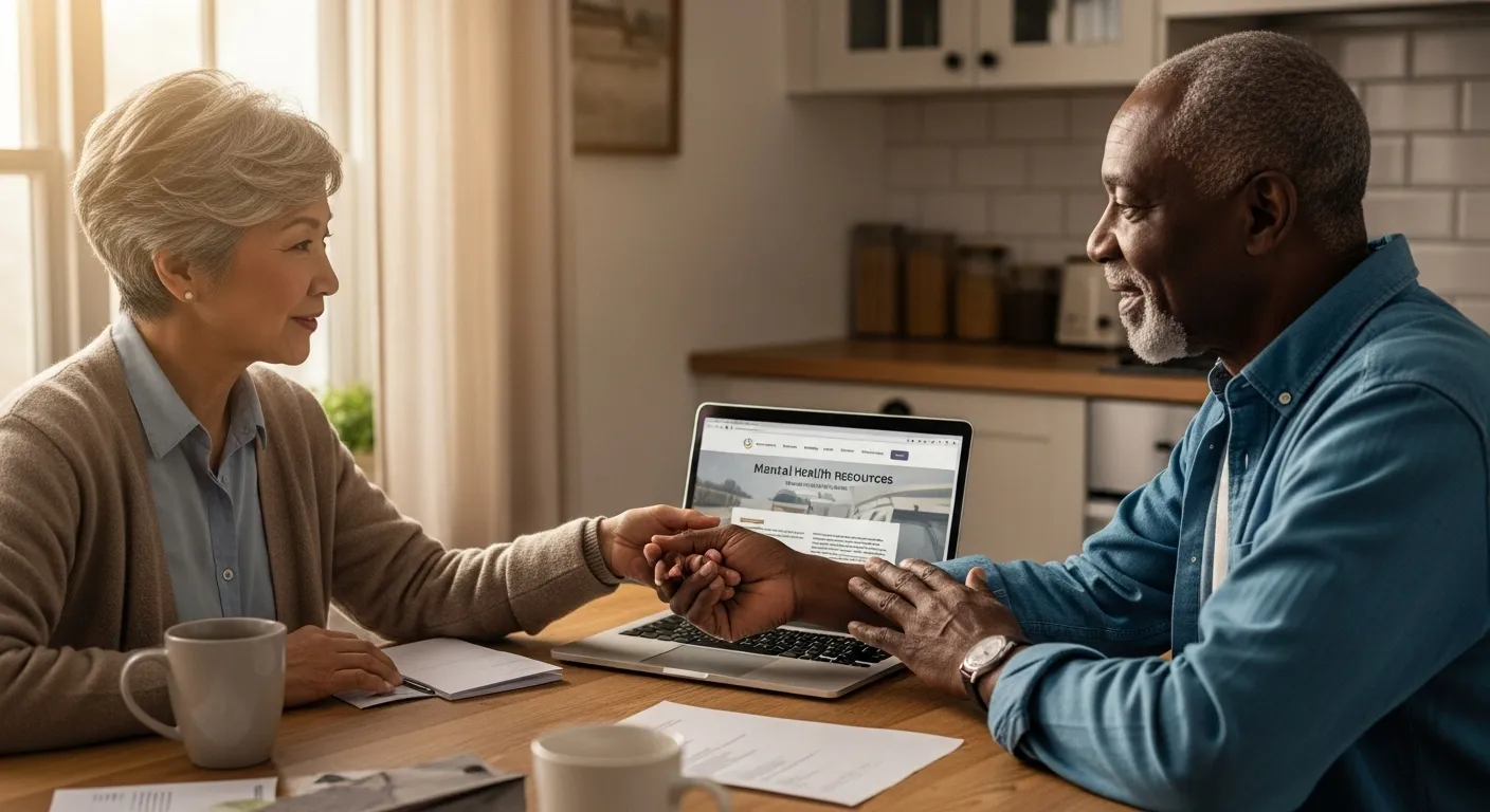 Two friends researching mental health support options on a laptop.