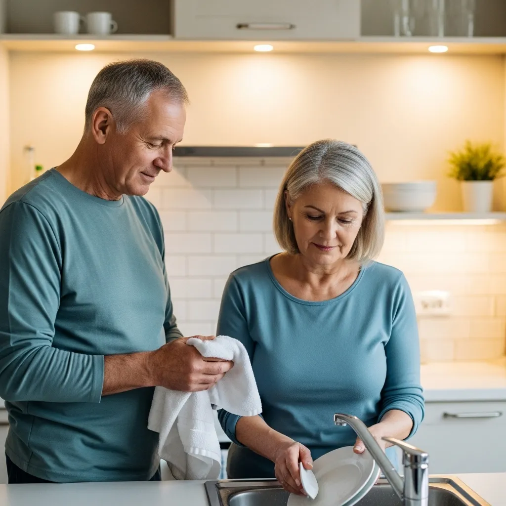 Older couple washing dishes together in a kitchen.