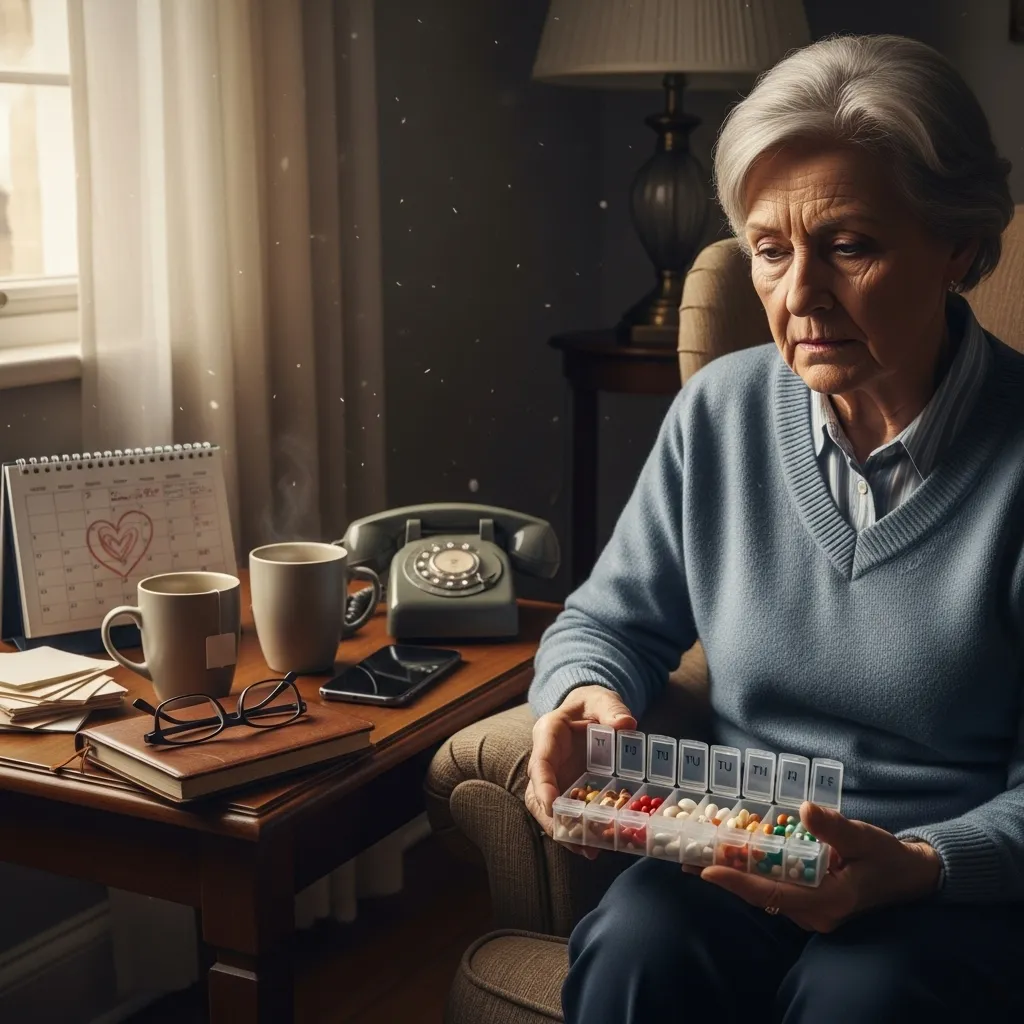 Older adult contemplating medications.
