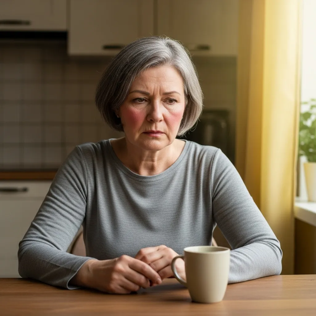 Woman sitting at kitchen table, stressed expression.
