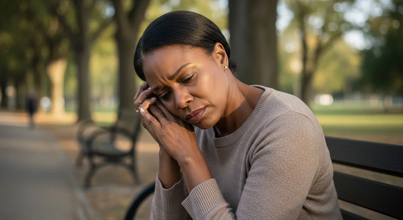 Worried woman sitting alone on park bench.