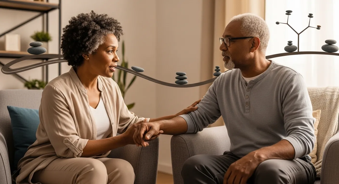 Older woman comforts man using grounding technique in living room.