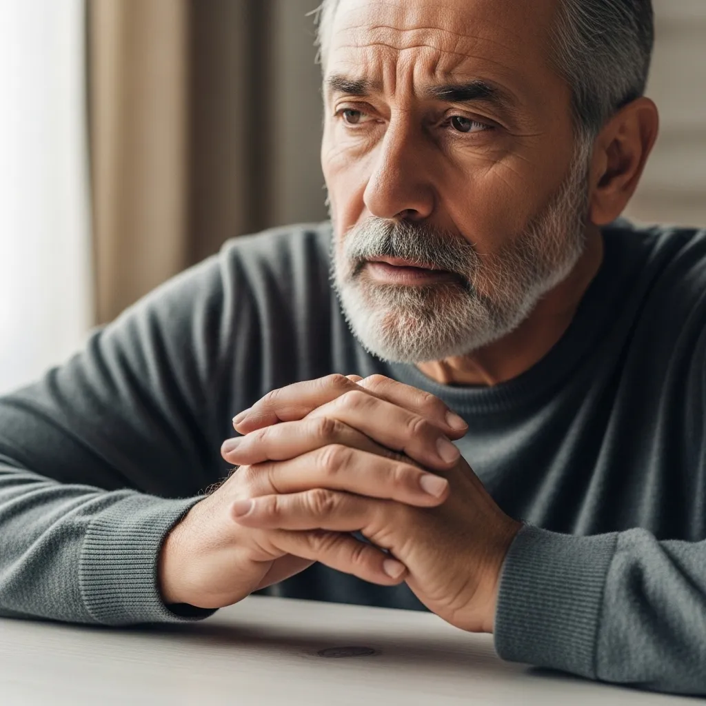Concerned man's hands clasped on table