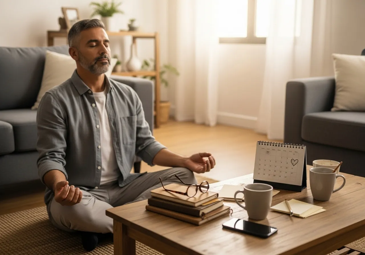 Man meditating in living room.
