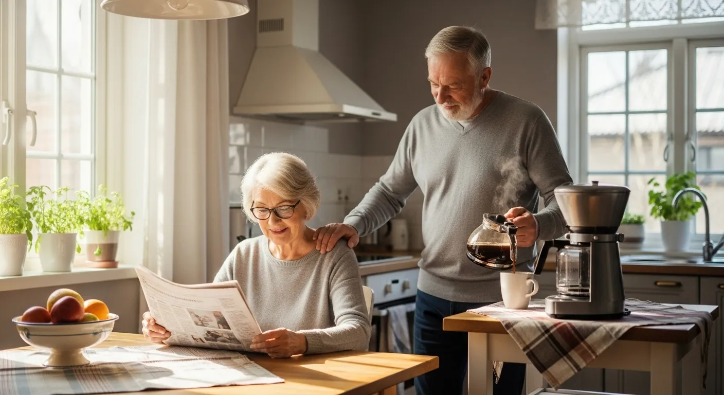 Couple in kitchen, gentle touch, morning light.