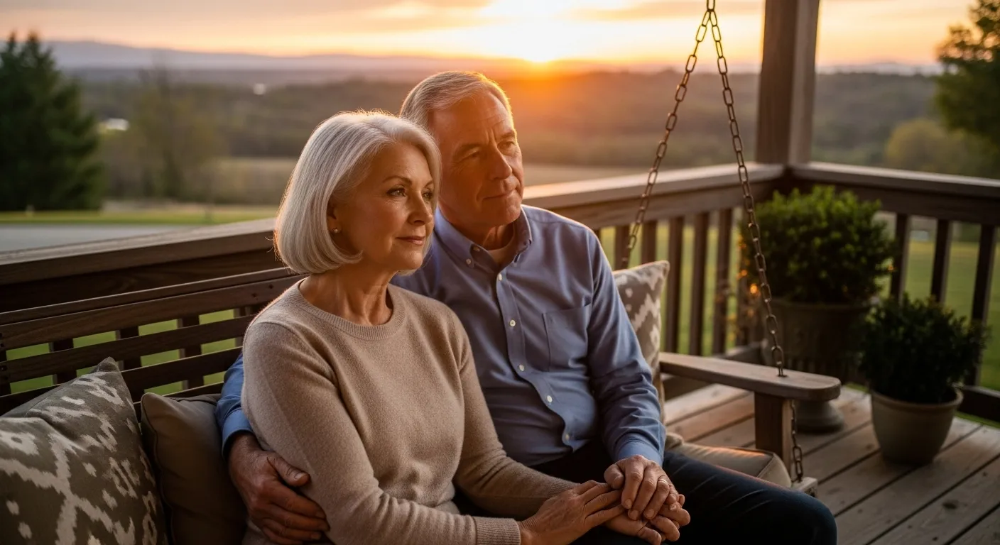 Couple holding hands on porch at sunset.
