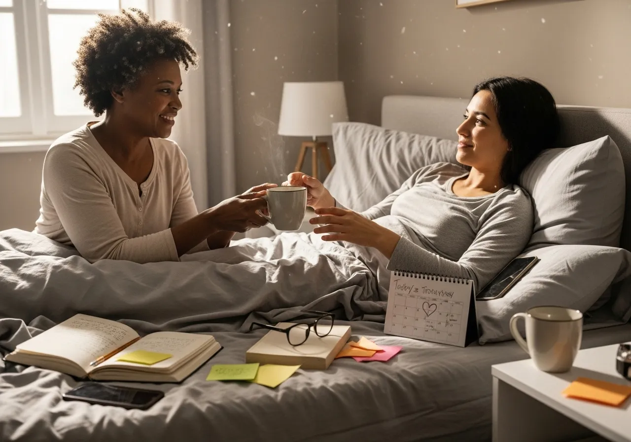 Woman bringing her partner coffee in bed in the morning.