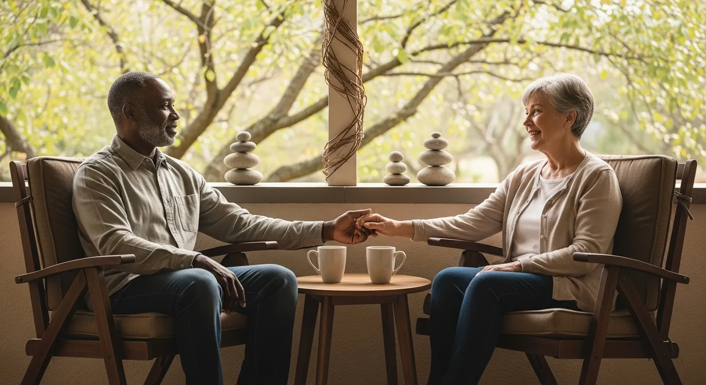 Older couple holding hands, coffee on porch