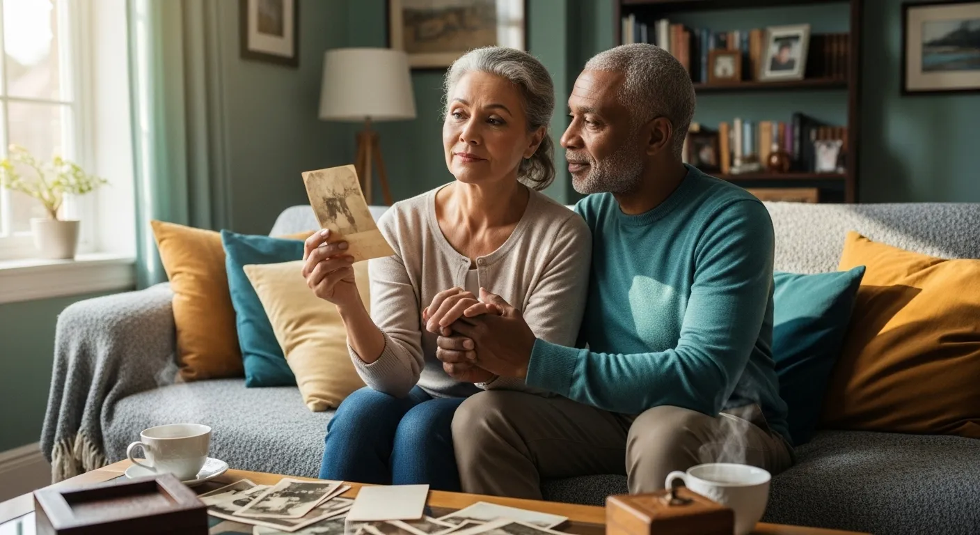 Older couple looking at photos in living room.