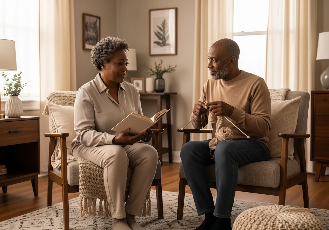 Older woman reading to her partner who's knitting in living room