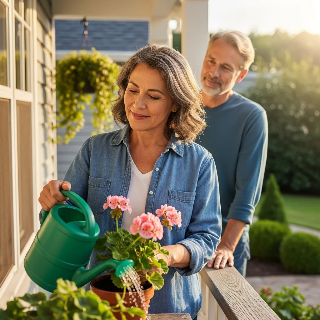 Woman watering plants, partner watching.