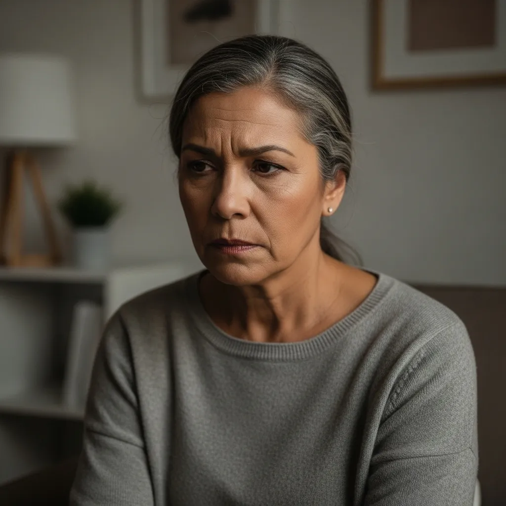 Woman deep in thought in quiet room.