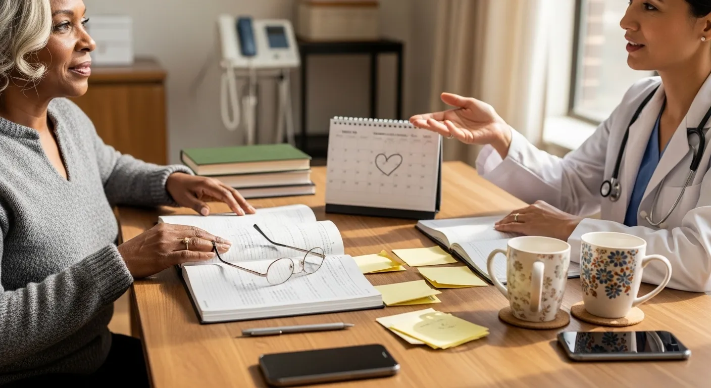 Patient and doctor discuss medication in a clinic.