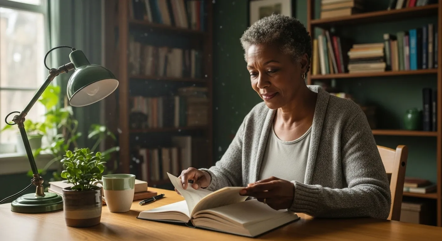 Woman journaling in home office.