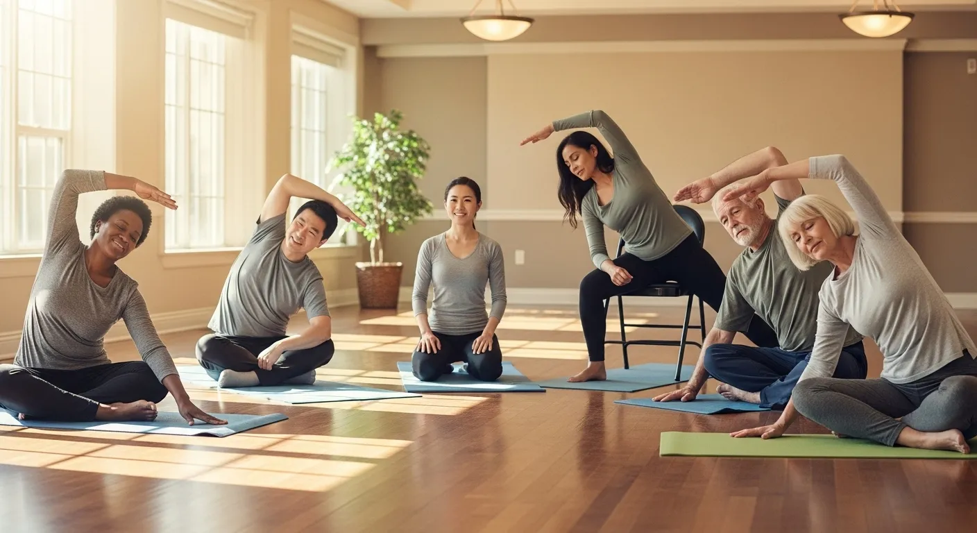 Seniors practicing yoga in community center.