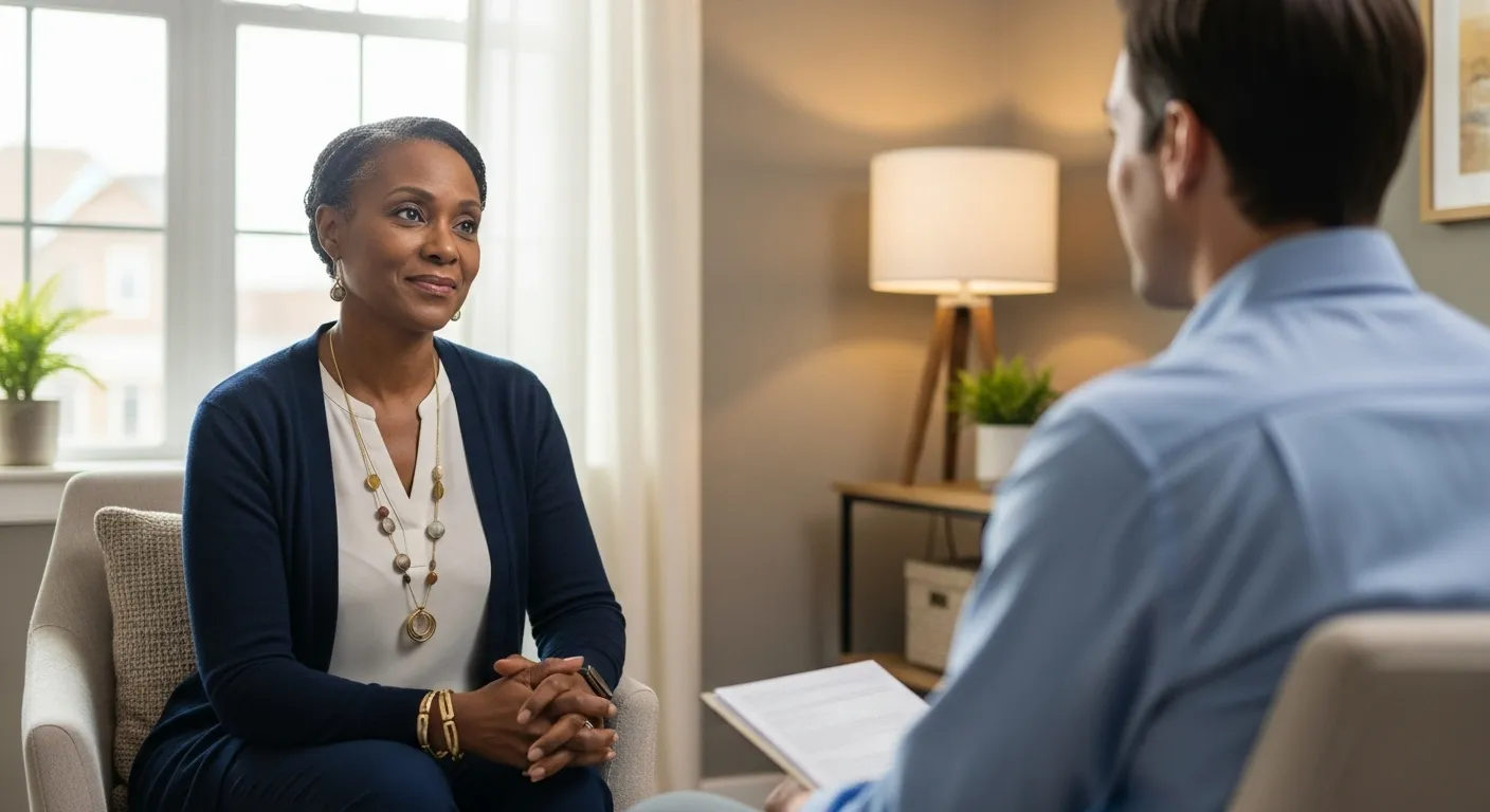 Woman talking to a therapist in an office.