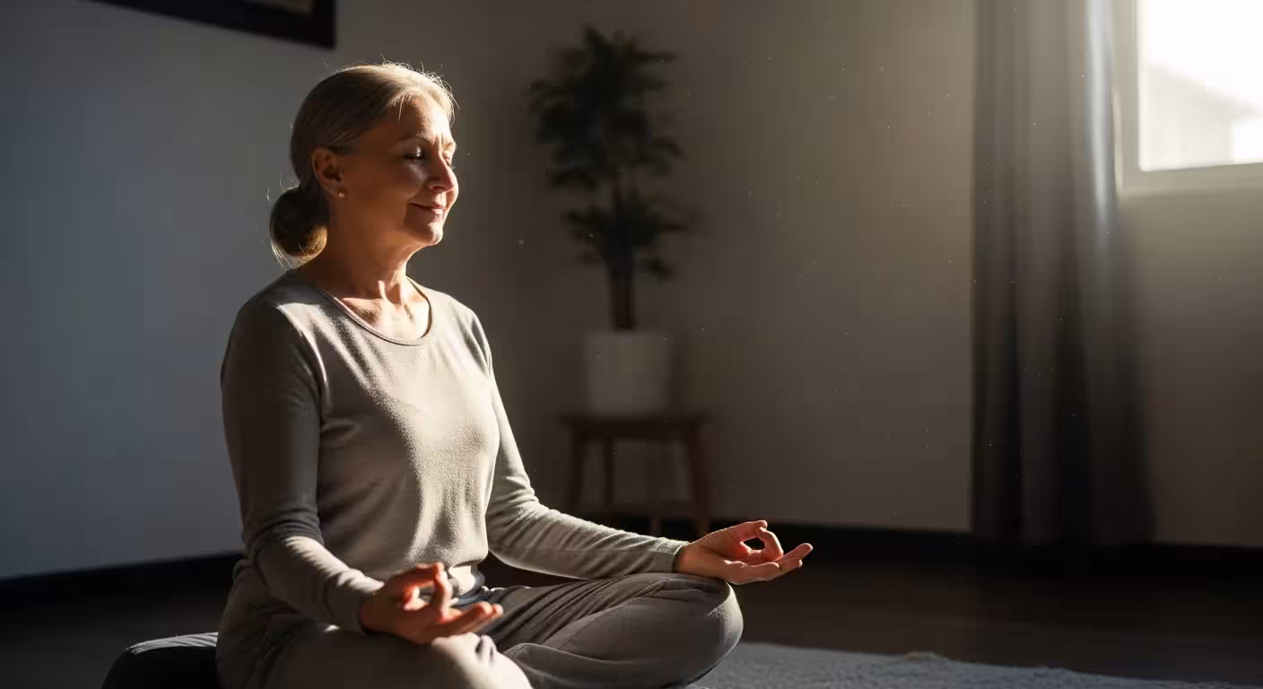 Woman meditating peacefully in a sunlit room.
