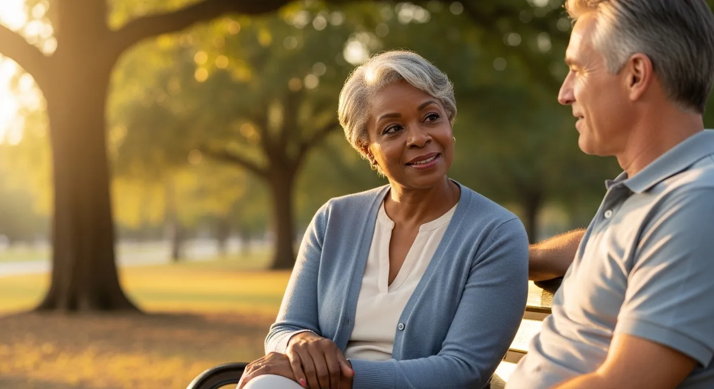 Two older friends talking on a park bench, reconciled.