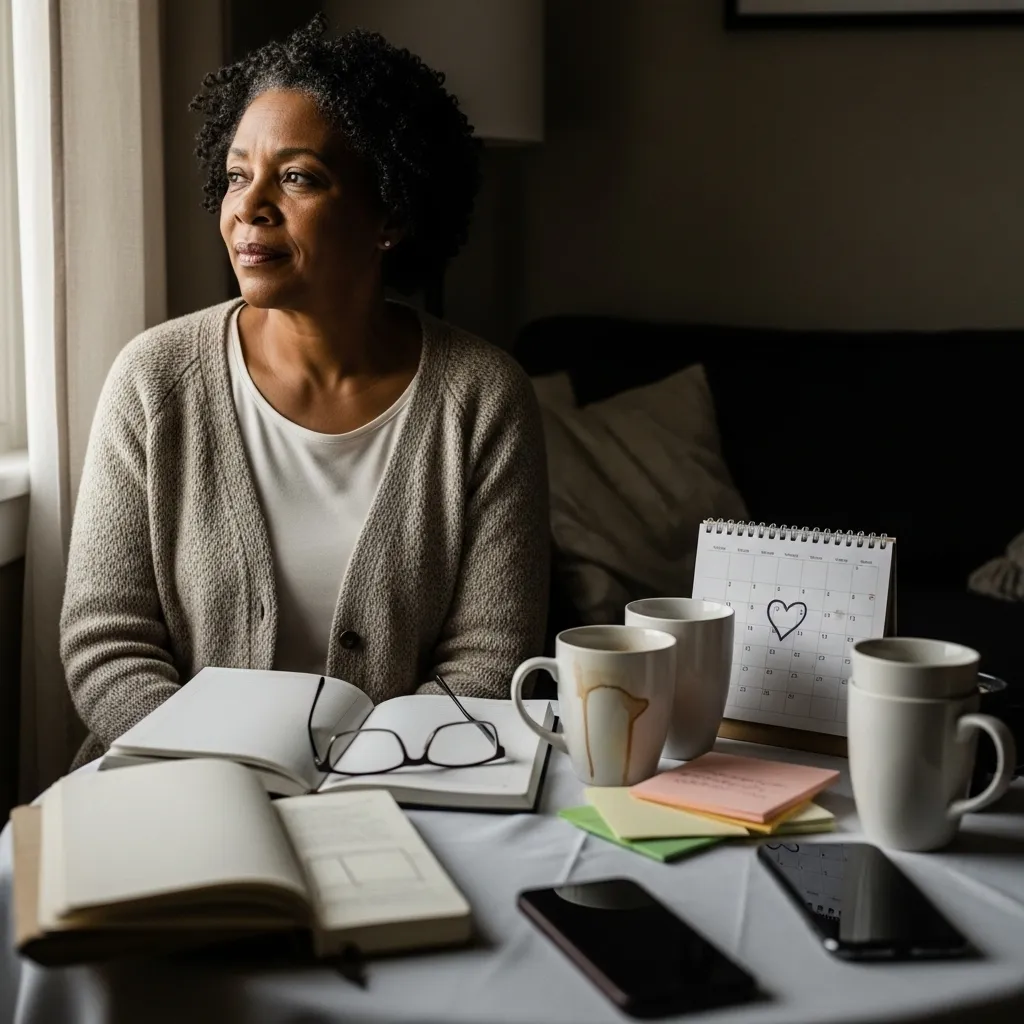 Woman reflecting by window.