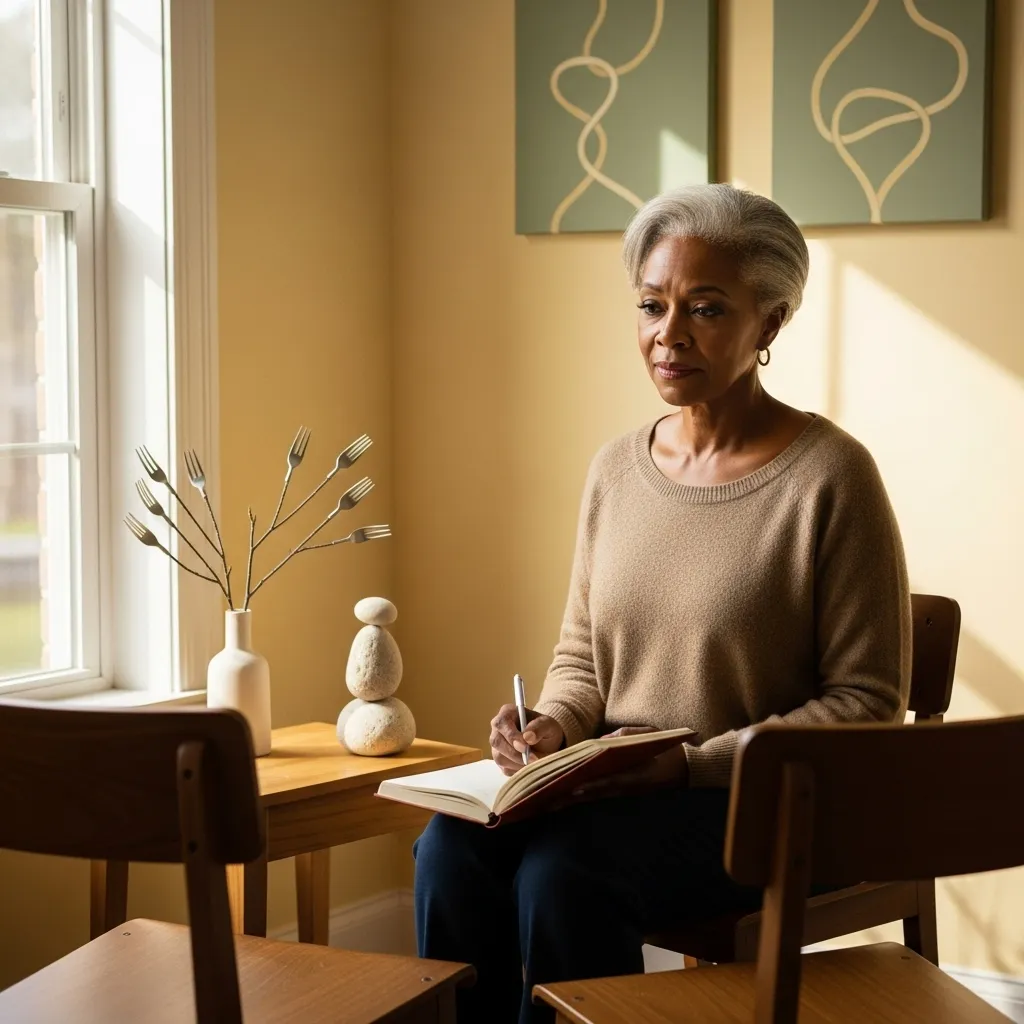 Woman journaling in a peaceful setting.