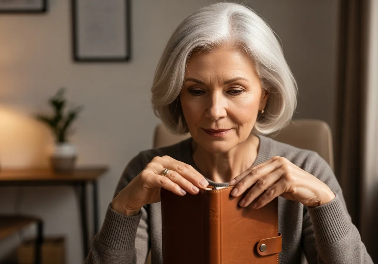 Senior woman closing a journal after writing.