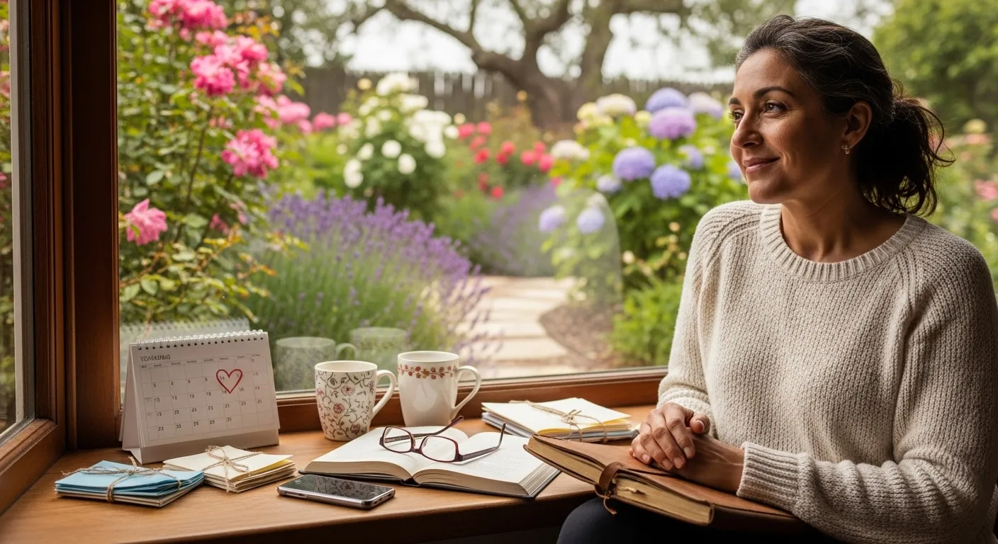 Woman gazing at a garden, conveying a sense of peace and acceptance.