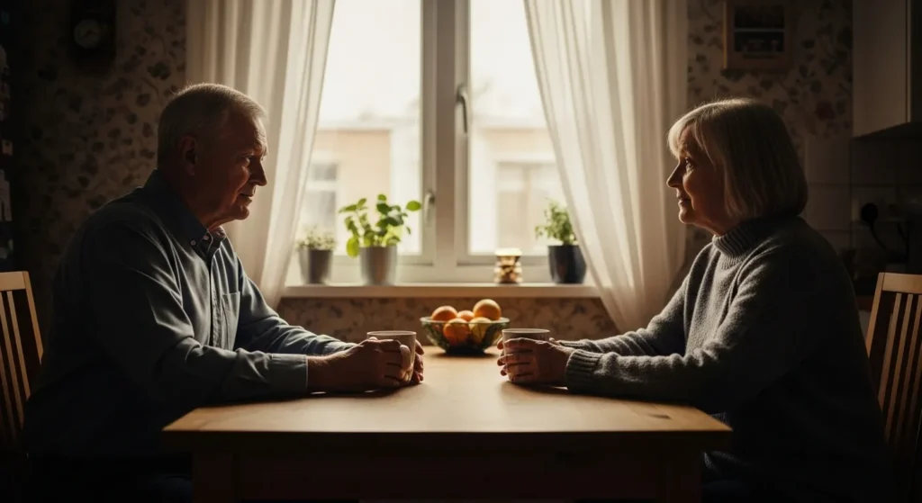 Older couple sits apart on porch at sunset.
