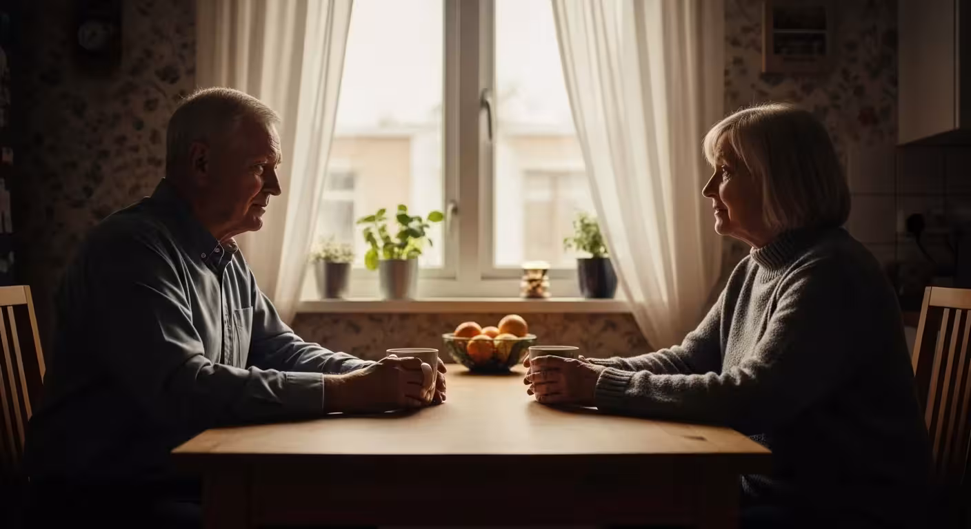 Older couple sits apart on porch at sunset.