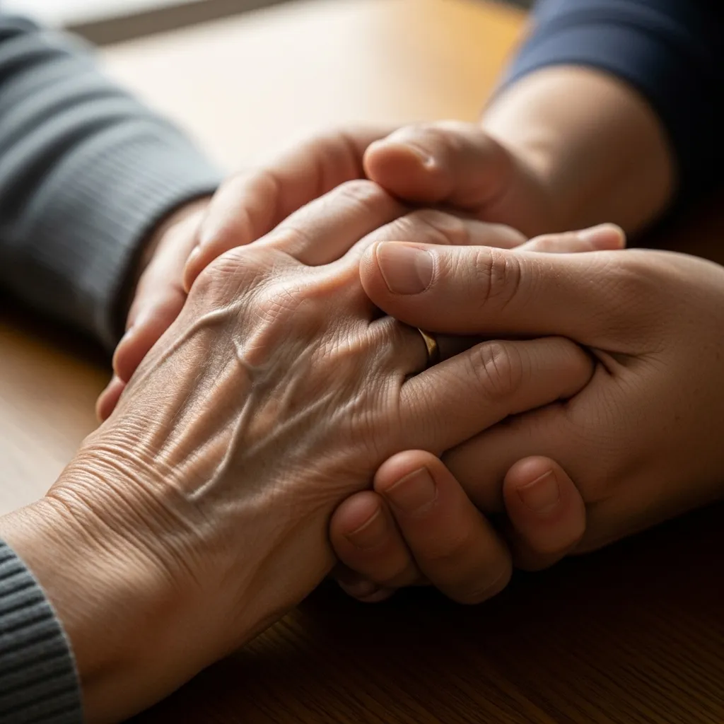 Close-up of older couple's hands intertwined.