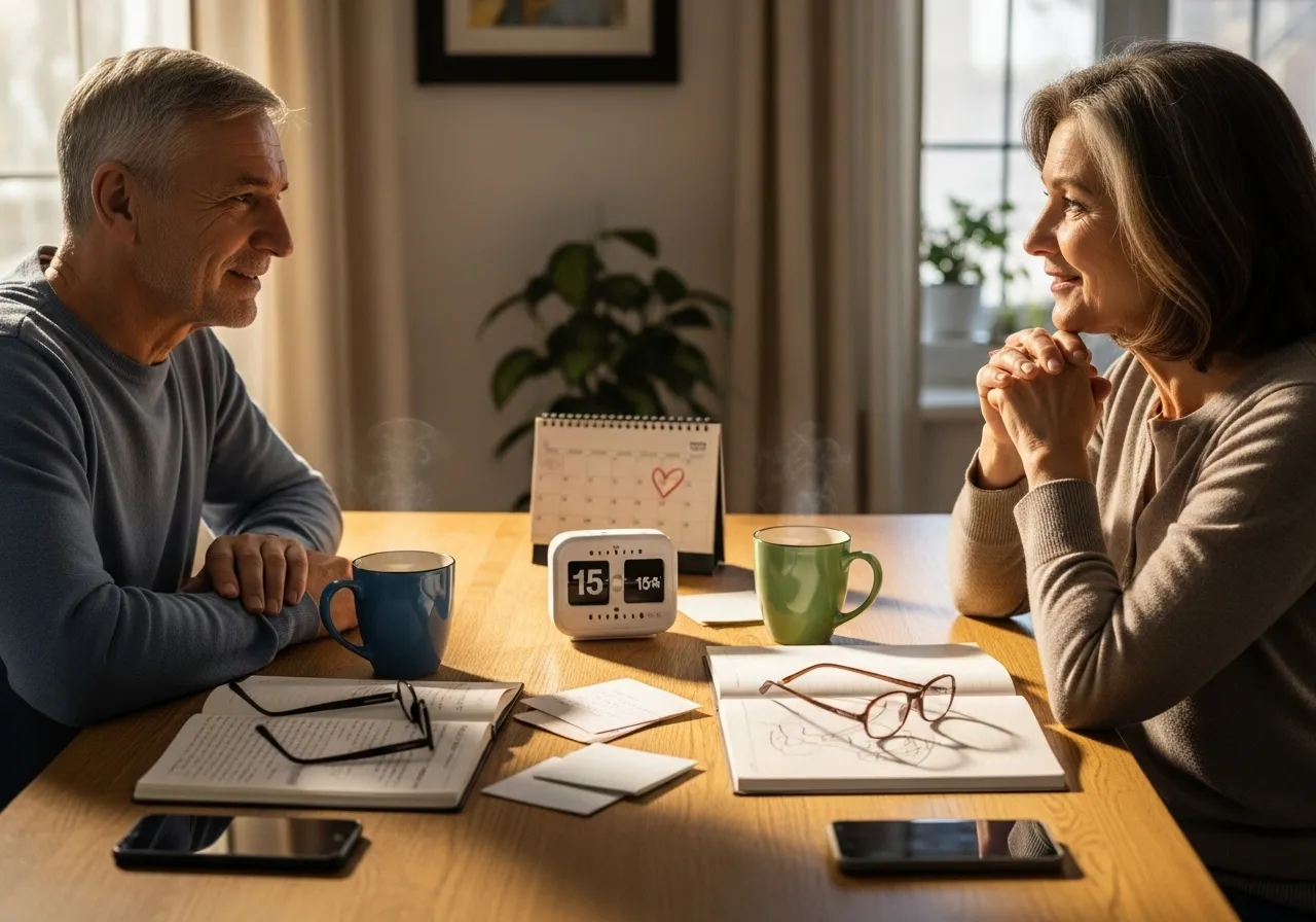 Couple talking at kitchen table, timer visible.