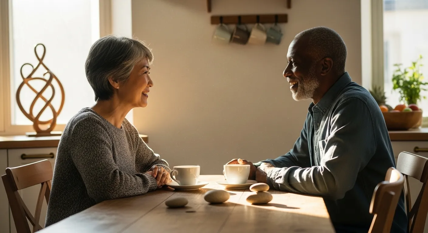Older couple sharing a quiet moment in their kitchen.