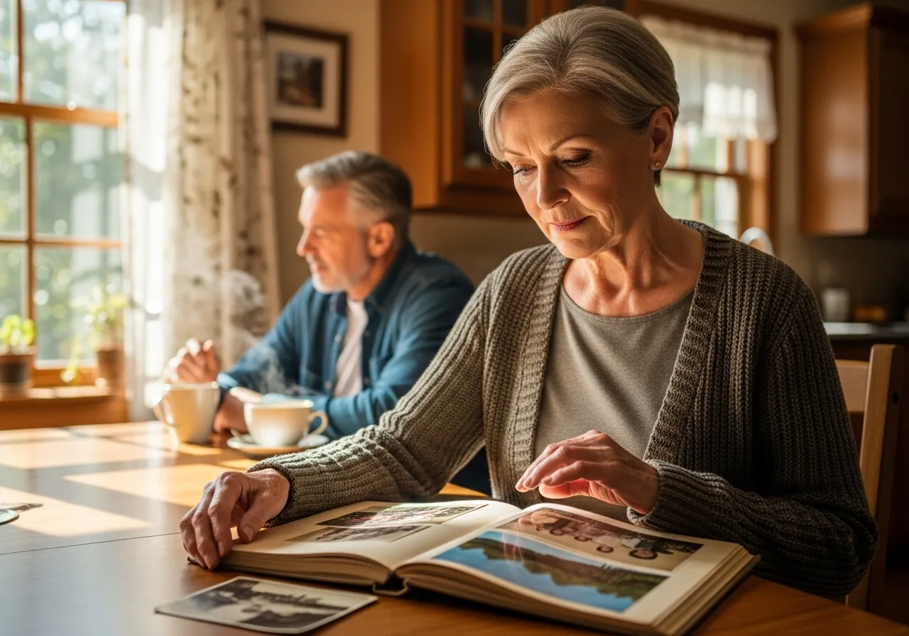 Older woman reflecting while looking at a photo album.