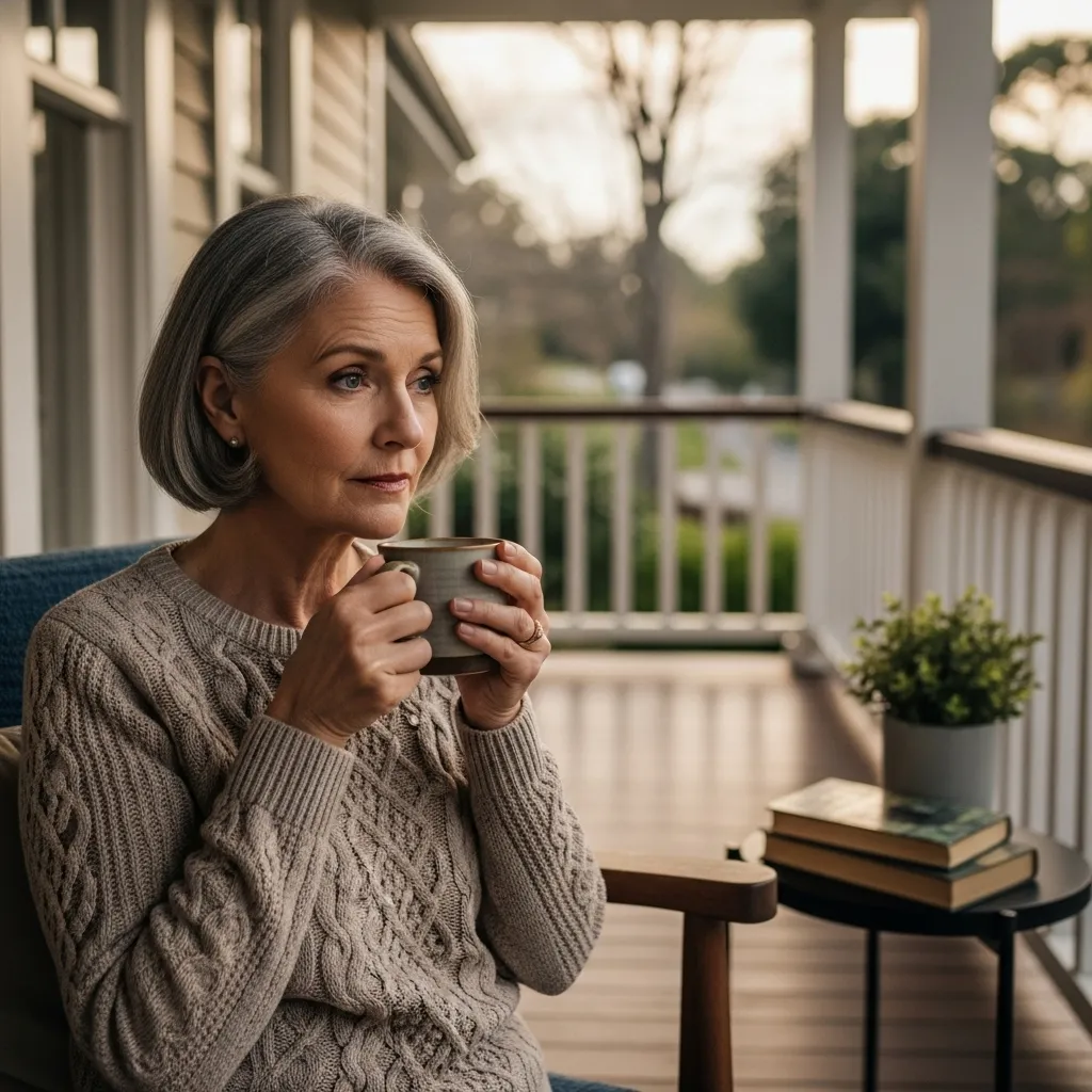 Woman enjoys quiet moment on porch.