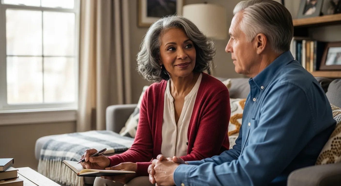 Older couple having a discussion, one holding a notebook, in a living room.