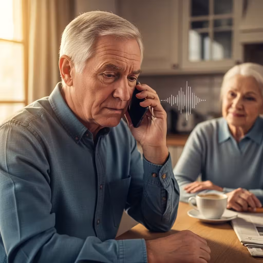 Older adult holding phone, looking concerned during scam call in living room.