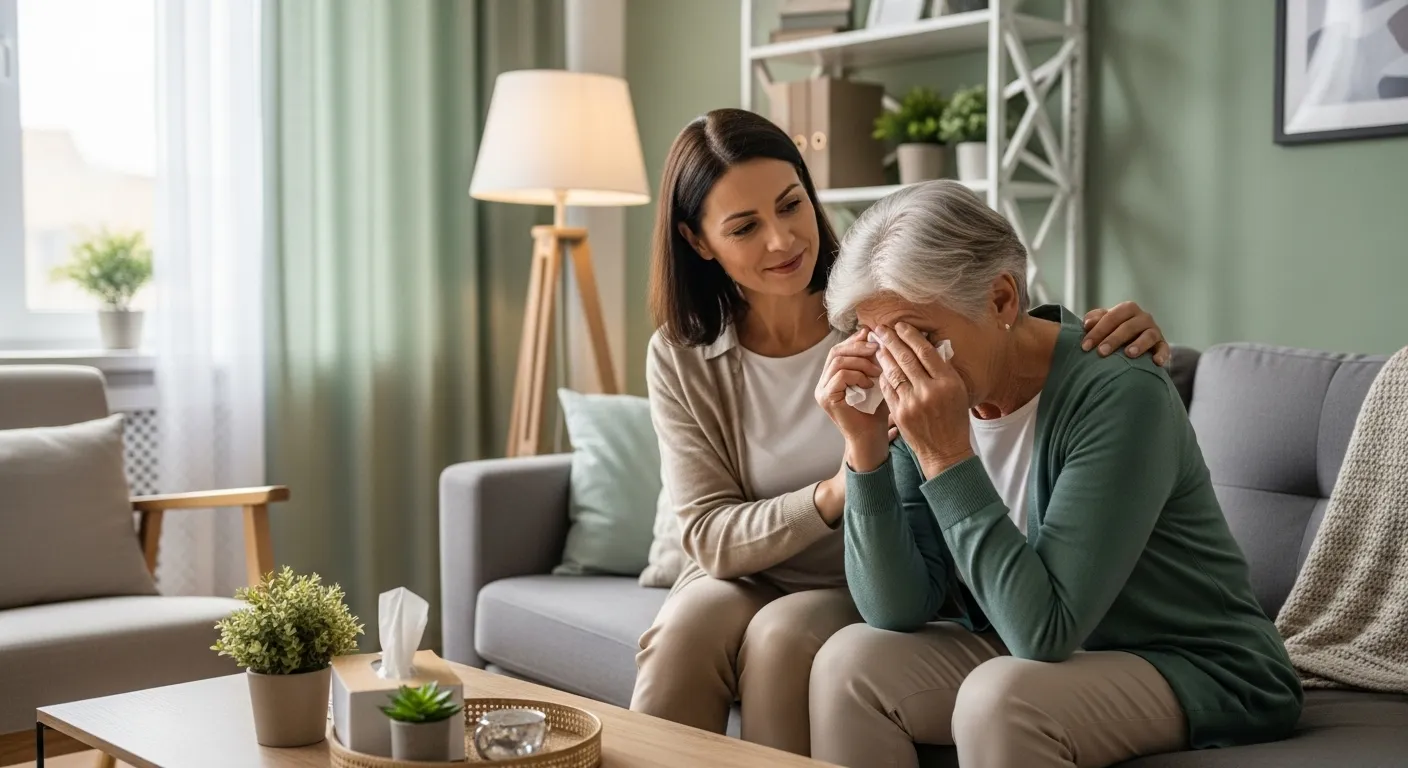 Friend comforting upset senior in living room after scam.