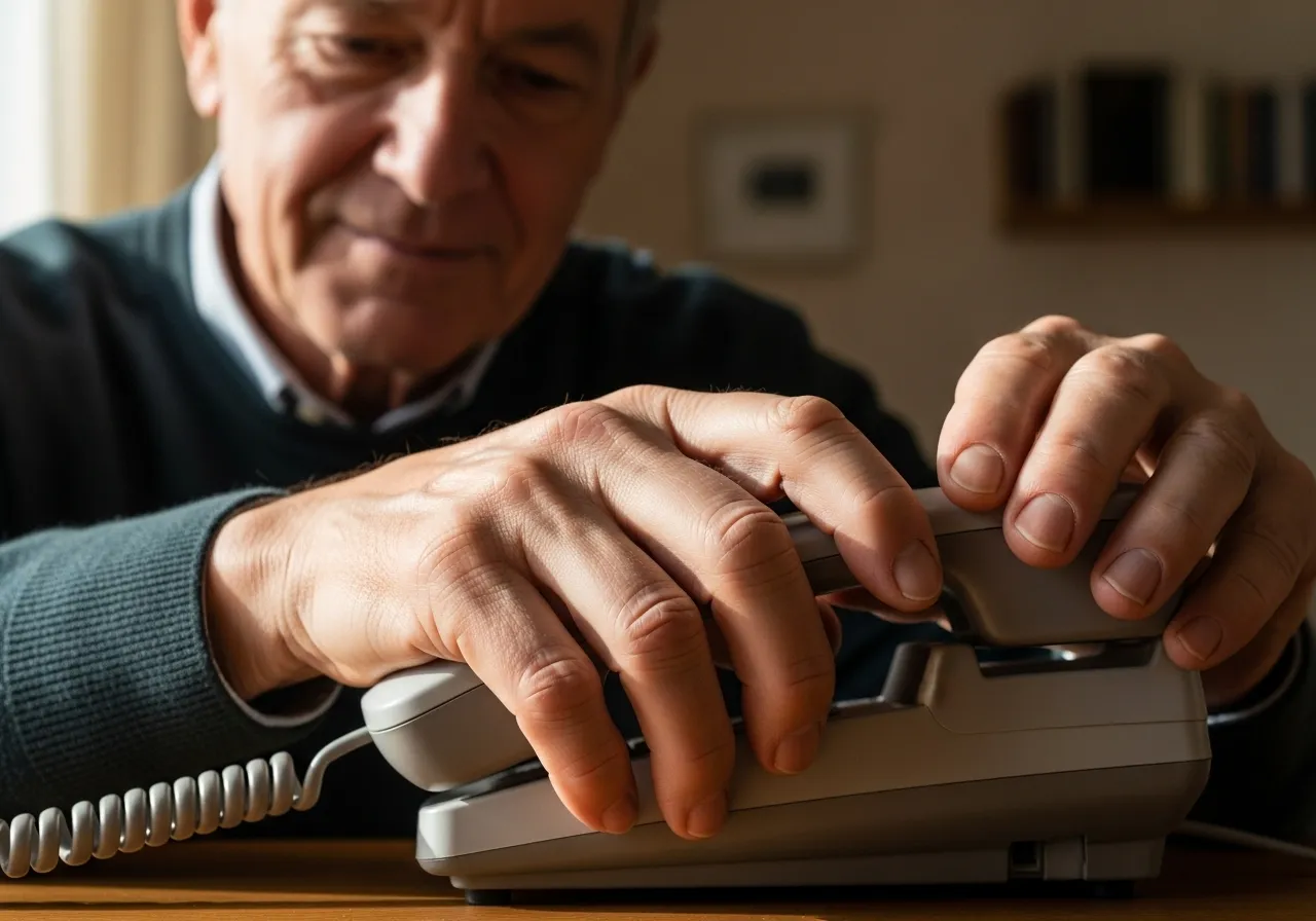 Senior hangs up phone, reclaiming control in their home.