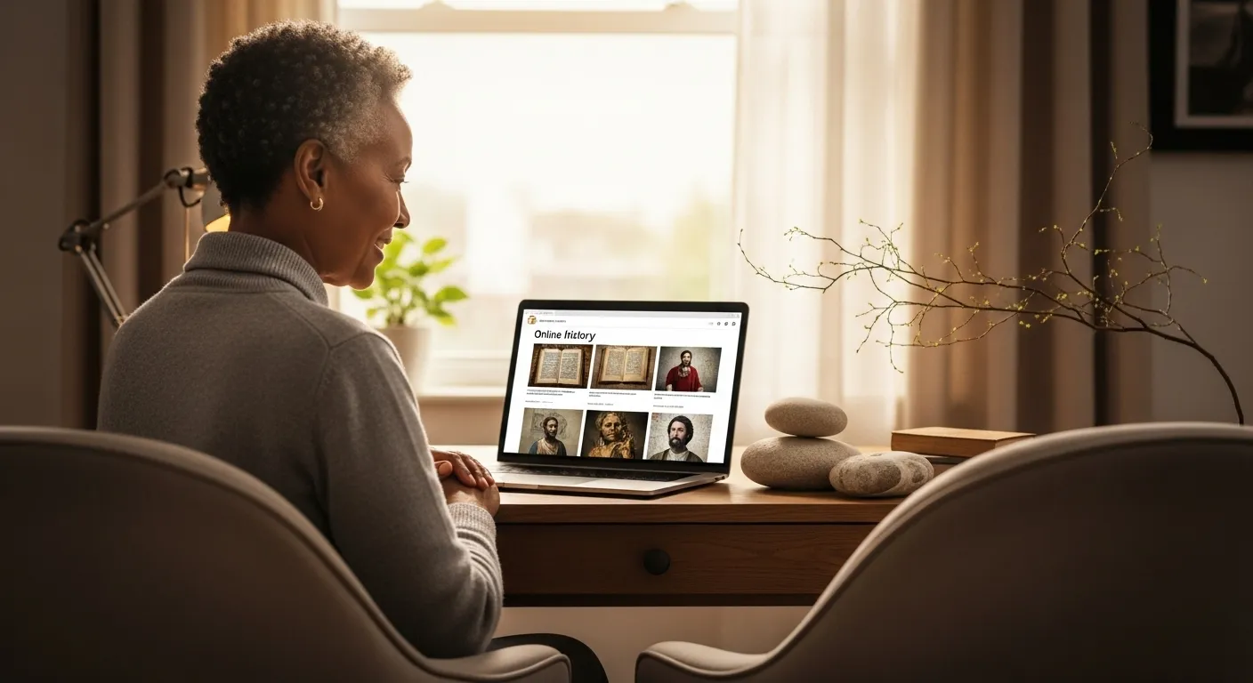 Smiling woman using laptop for online learning at home.
