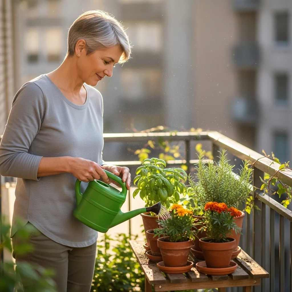 Woman watering plants on sunny balcony.