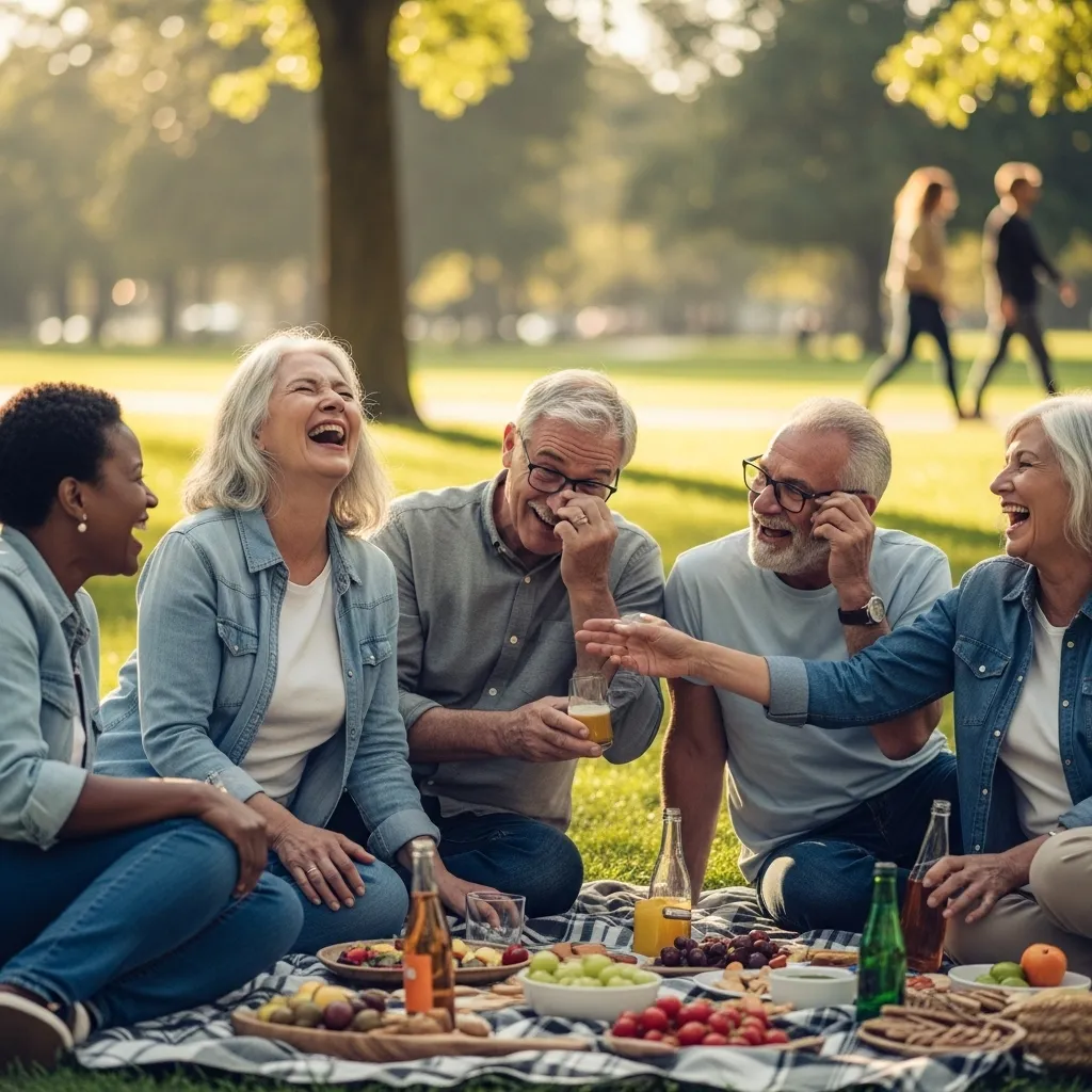 Smiling seniors enjoying a picnic in the park.