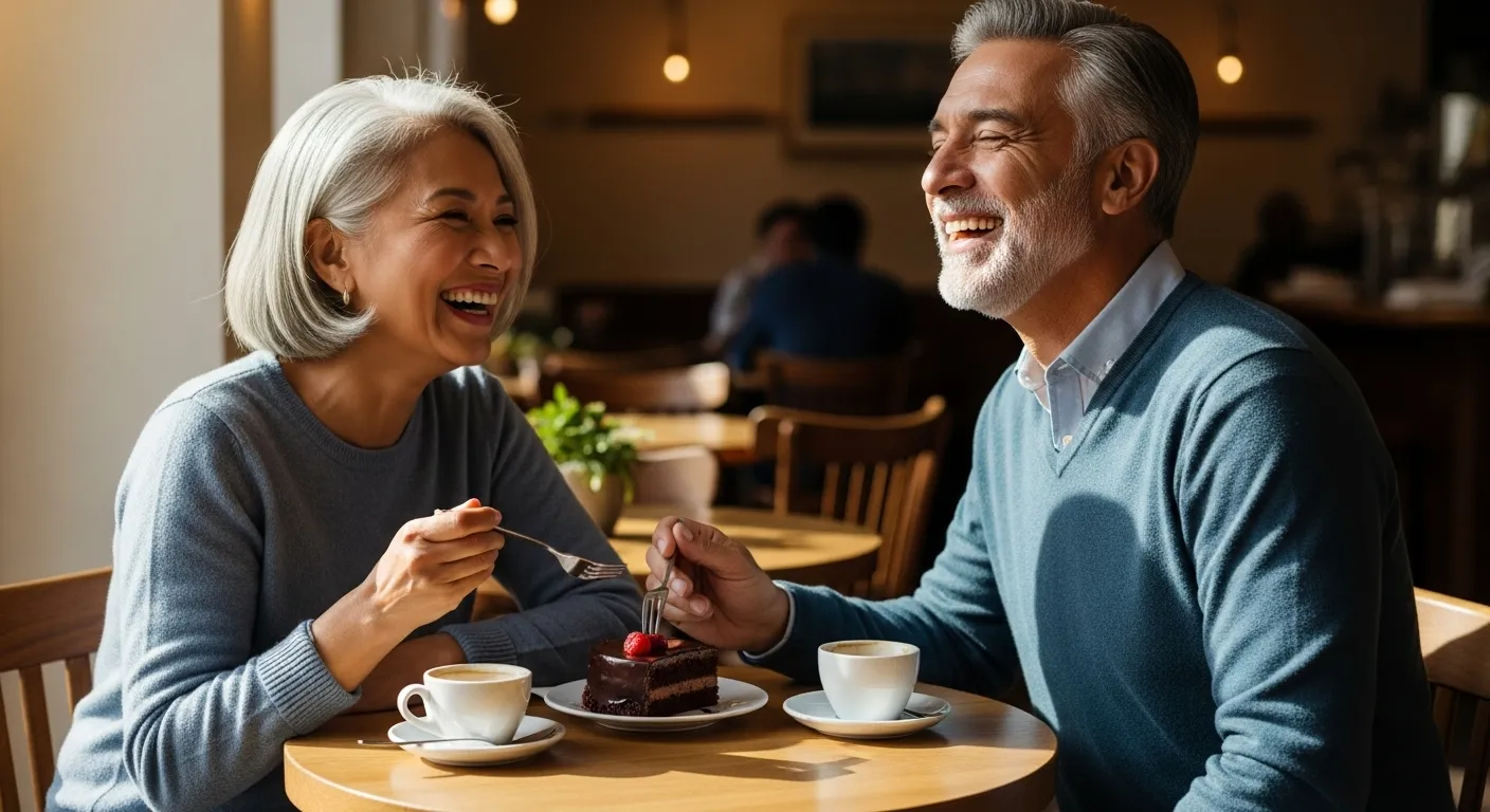 Friends laughing together at cafe.