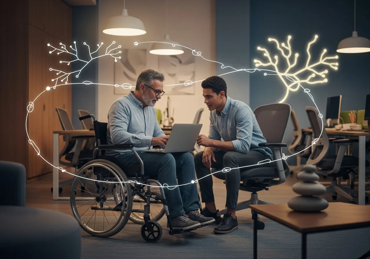 Man mentoring younger colleague in office