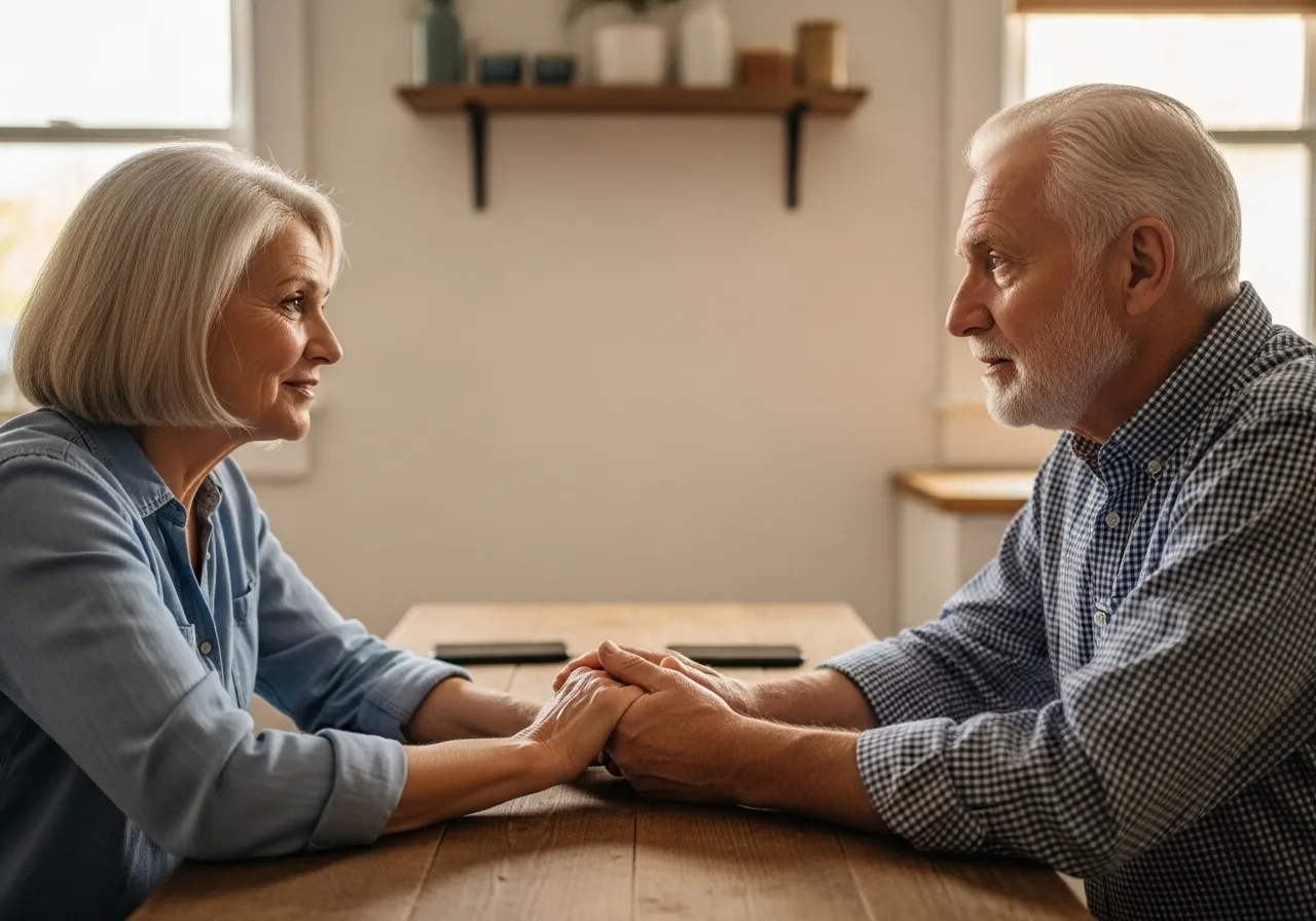 Couple talking in living room.